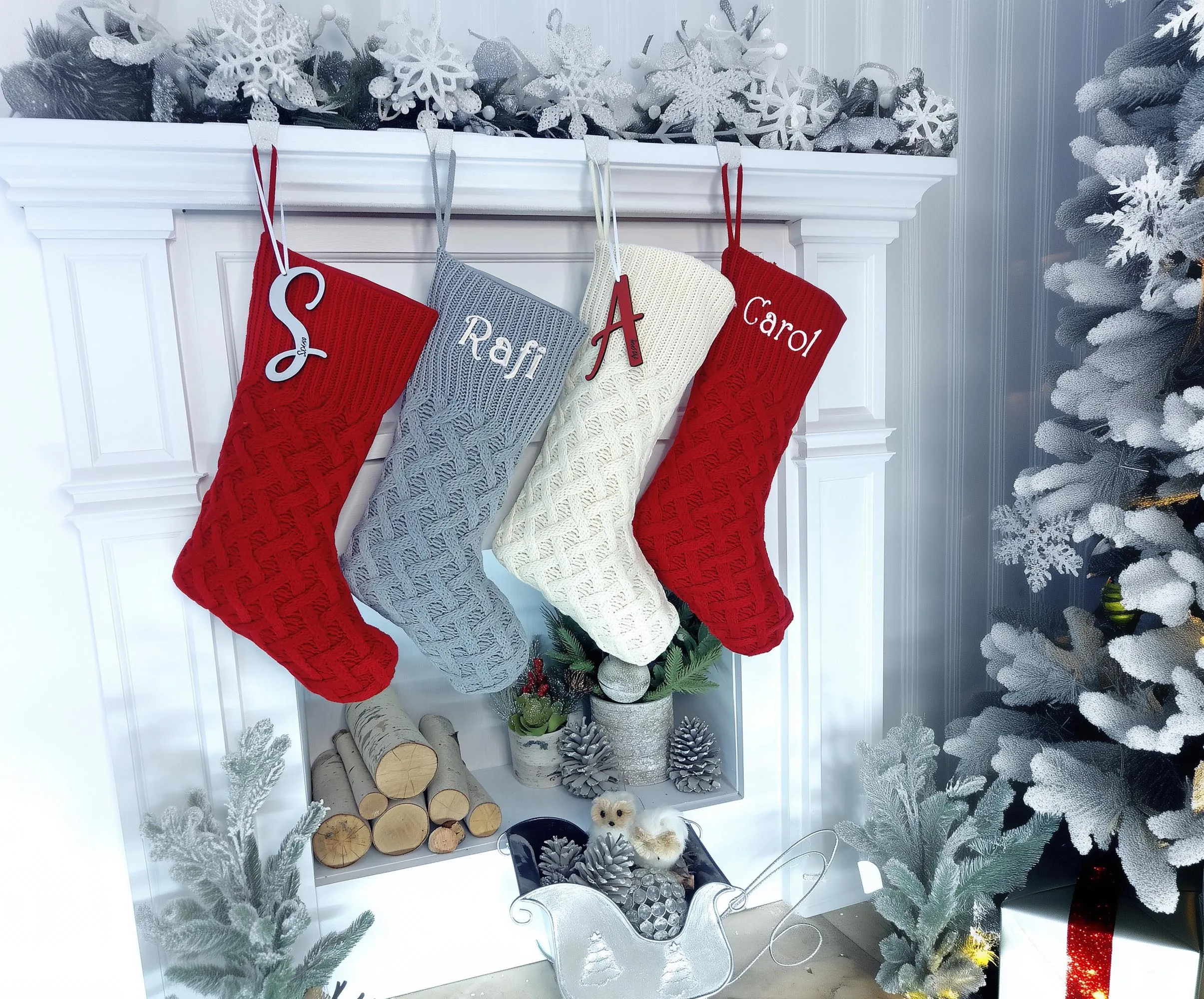 Cozy Cable Knit Trellis Personalized Christmas Stocking Dark Red Grey Ivory Knitted Custom Embroidered Names