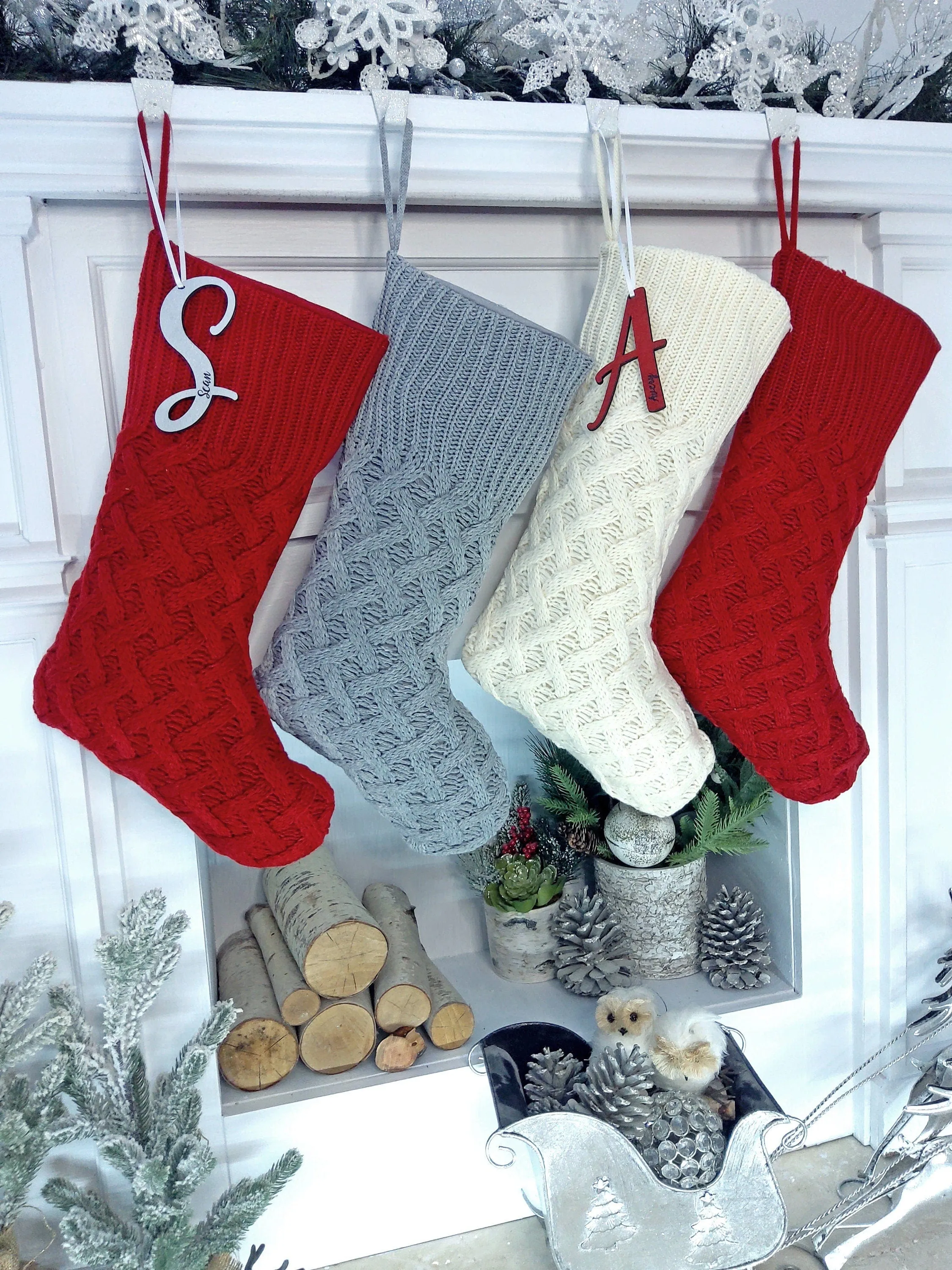 Cozy Cable Knit Trellis Personalized Christmas Stocking Dark Red Grey Ivory Knitted Custom Embroidered Names