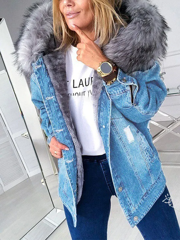 Denim Faux Fur Hooded Coat