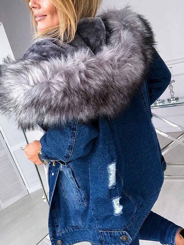 Denim Faux Fur Hooded Coat