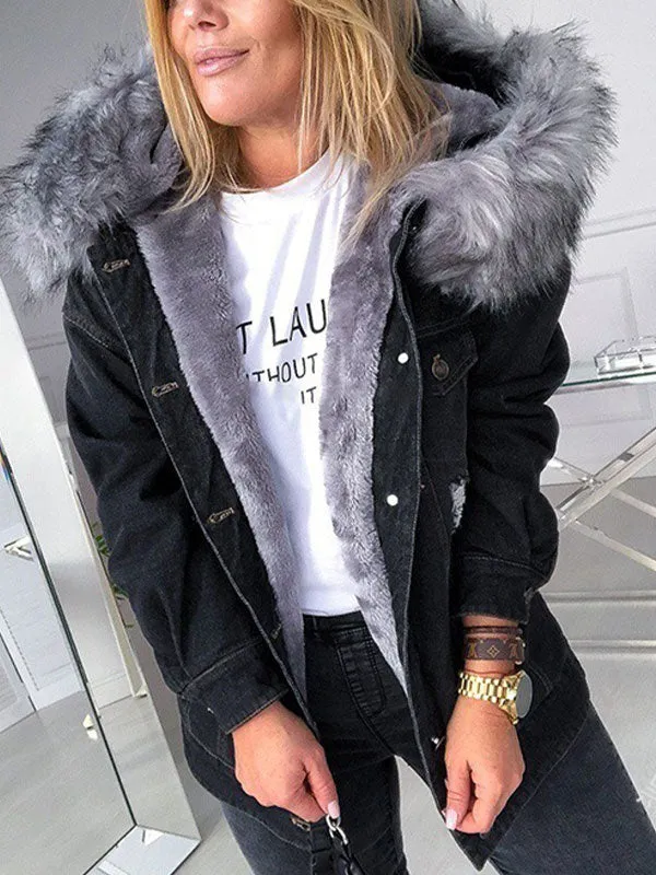 Denim Faux Fur Hooded Coat