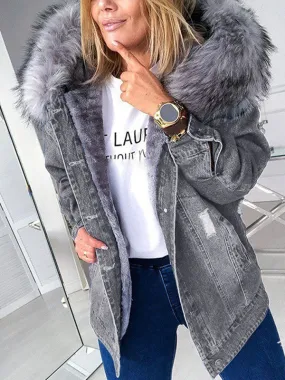 Denim Faux Fur Hooded Coat