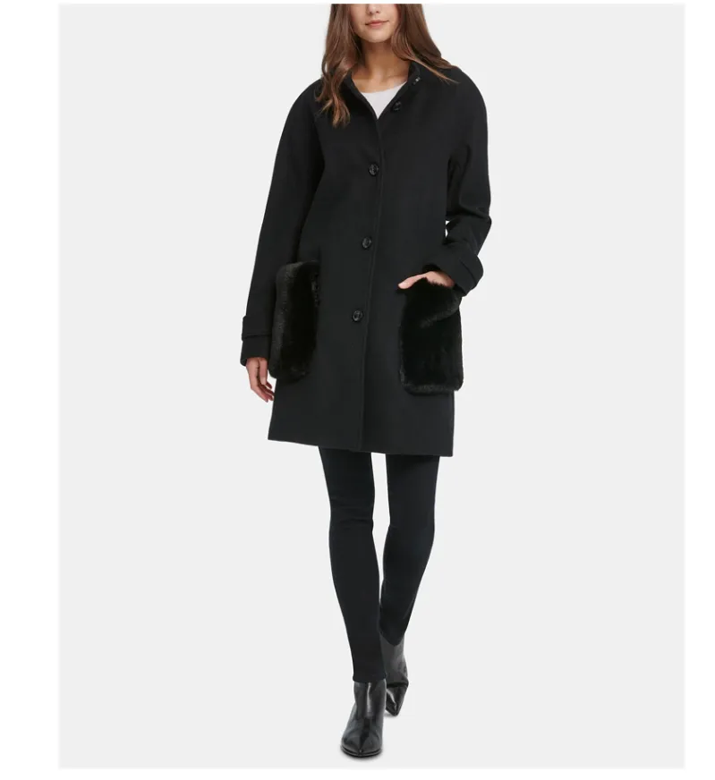 DKNY Faux-Fur-Pocket Walker Coat