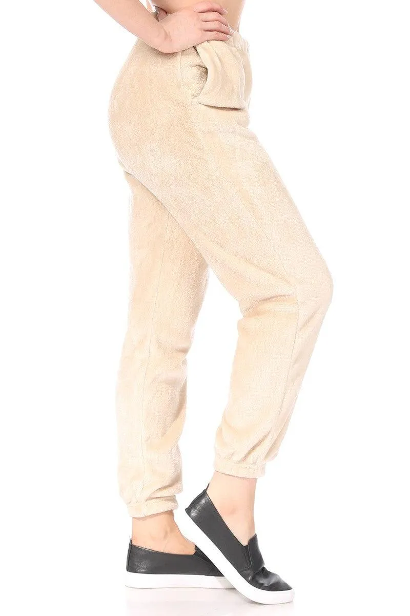 Double Side Plush Fur Joggers Sweatpants - Almond