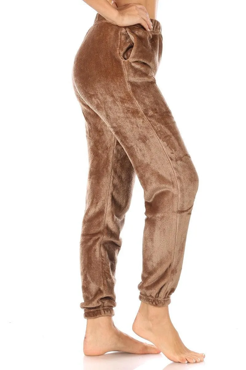 Double Side Plush Fur Joggers Sweatpants - Camel Brown