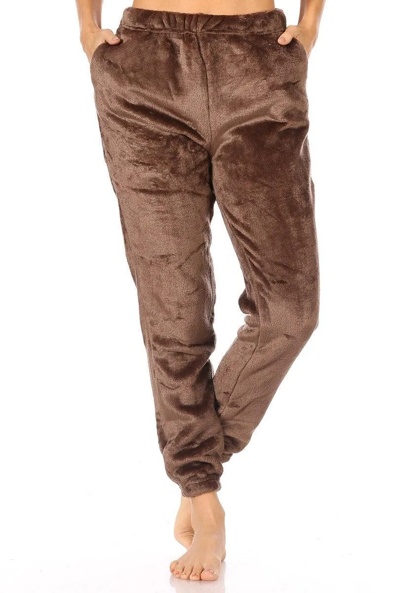 Double Side Plush Fur Joggers Sweatpants - Chocolate Brown