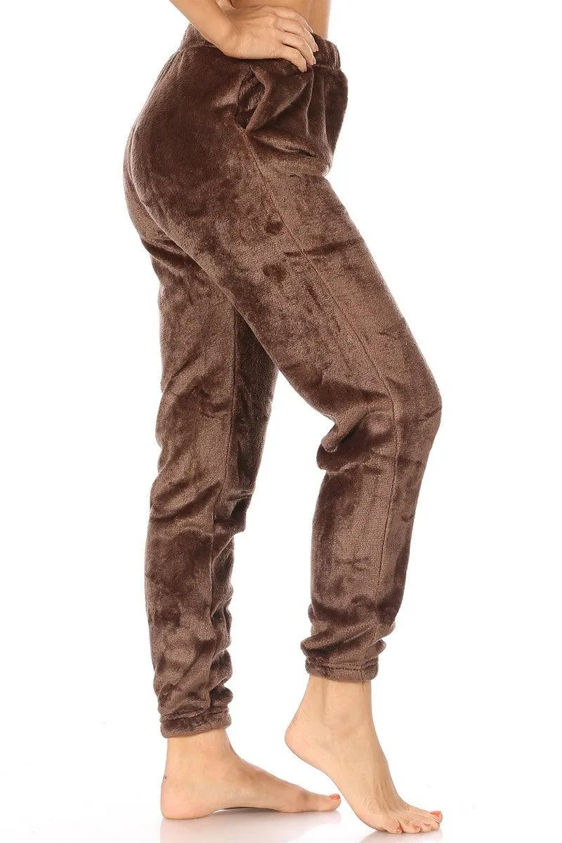 Double Side Plush Fur Joggers Sweatpants - Chocolate Brown