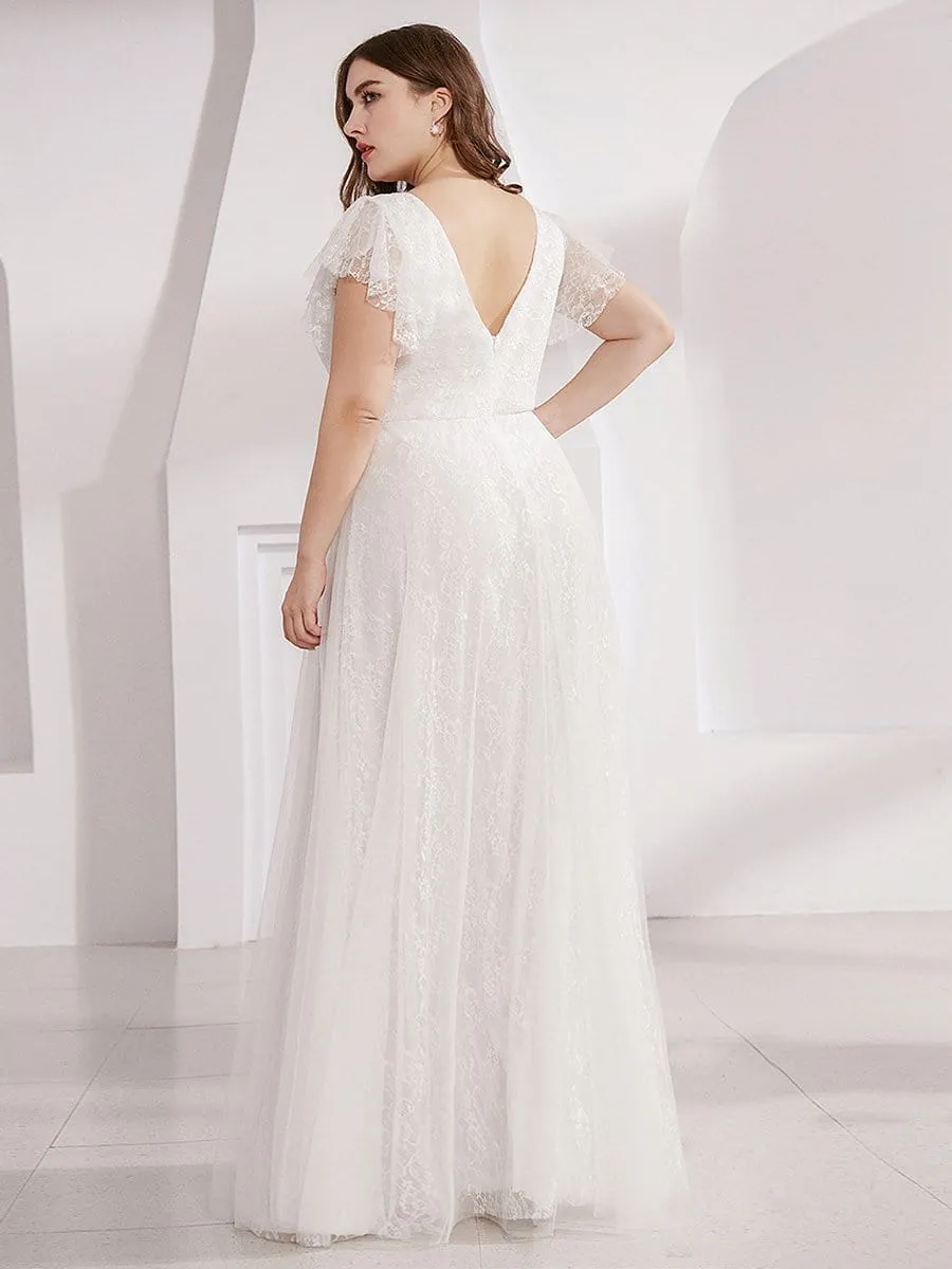 Elegant Maxi Lace Elopement Wedding Dress with Ruffle Sleeves