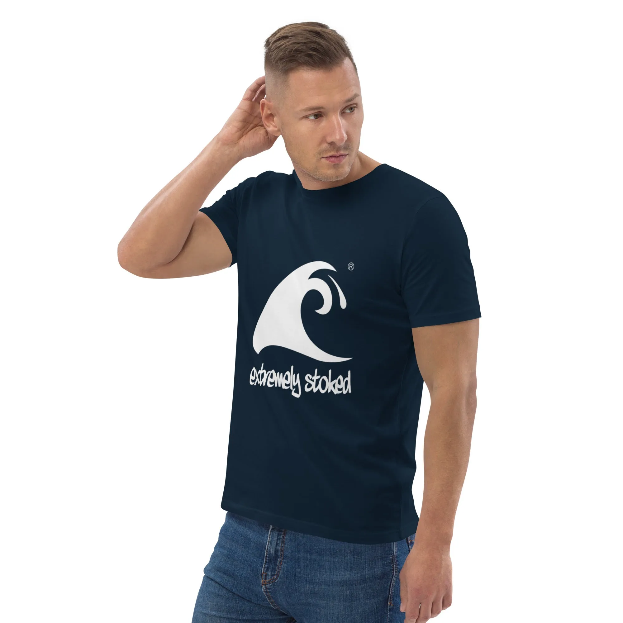 Extremely Stoked Epic Wave on Navy Blue Organic Cotton T-Shirt