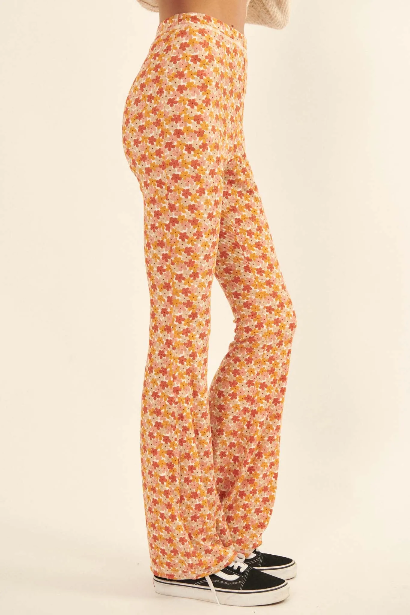 Far-Out Flowers Floral Rib-Knit Flare Pants