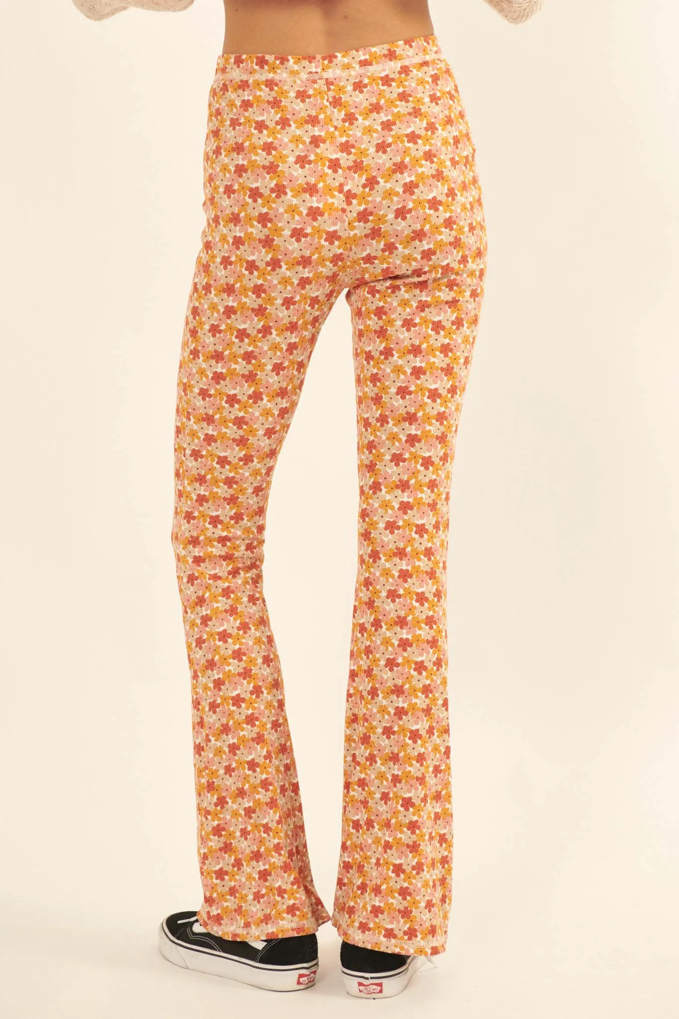 Far-Out Flowers Floral Rib-Knit Flare Pants