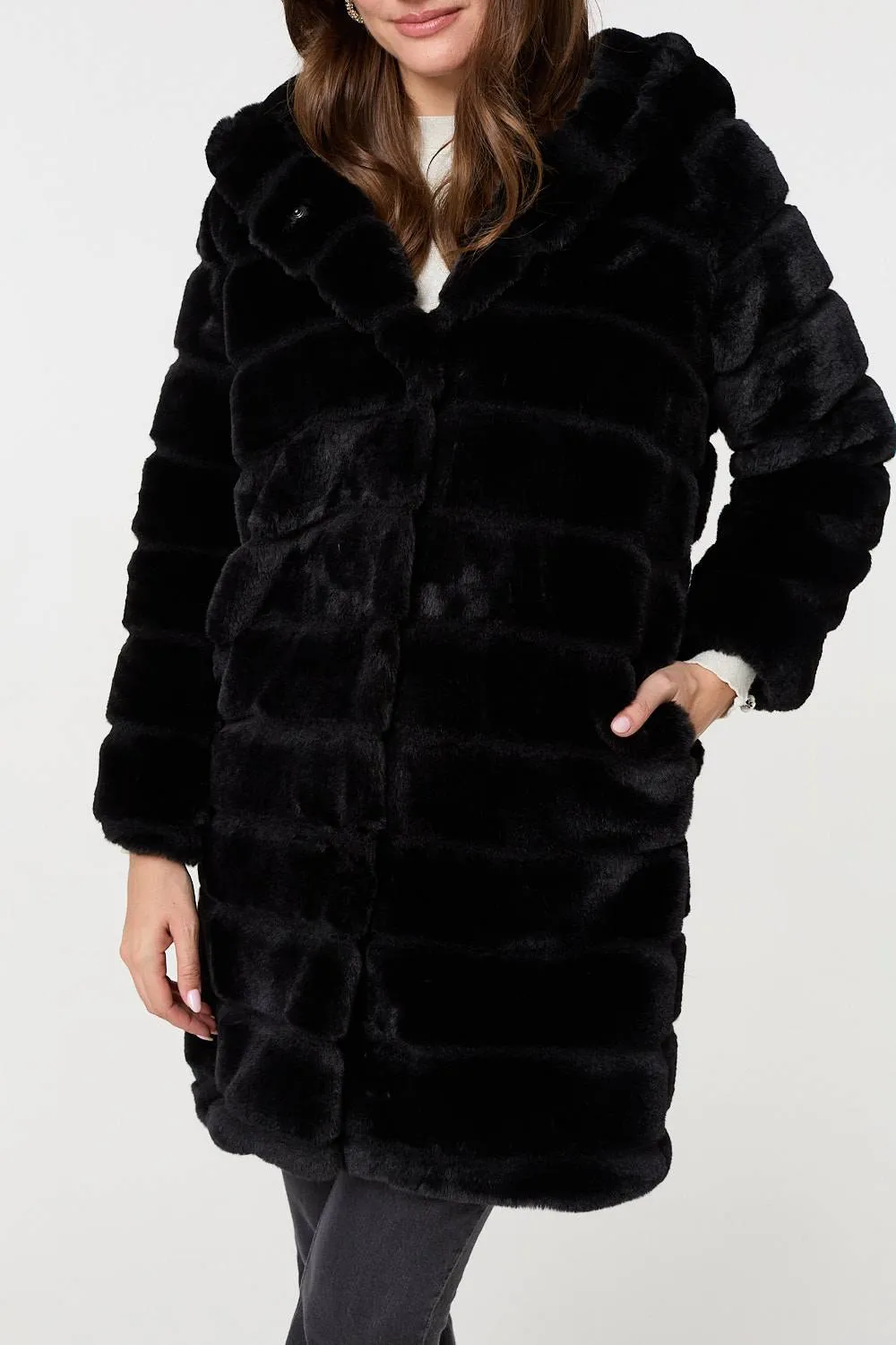 Faux Fur Thigh Length Hooded Jacket