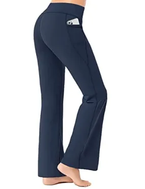 FIRST WAY Buttery Soft Women's Bootcut Yoga Pants Capris with 3 Pockets Lounge Floral Printing Full-Length, Insignia Blue L