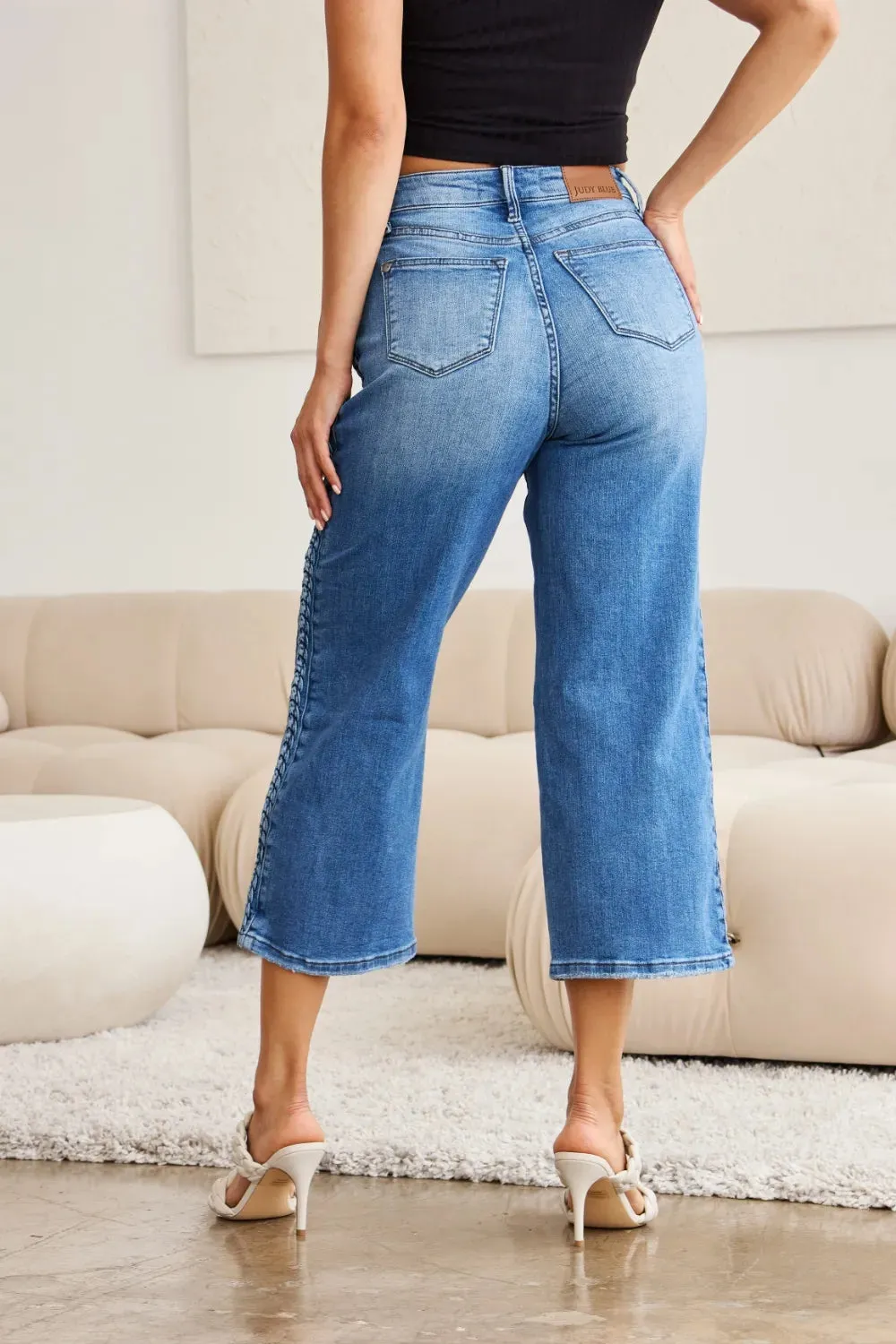 Full Size Braid Side Detail Wide Leg Jeans