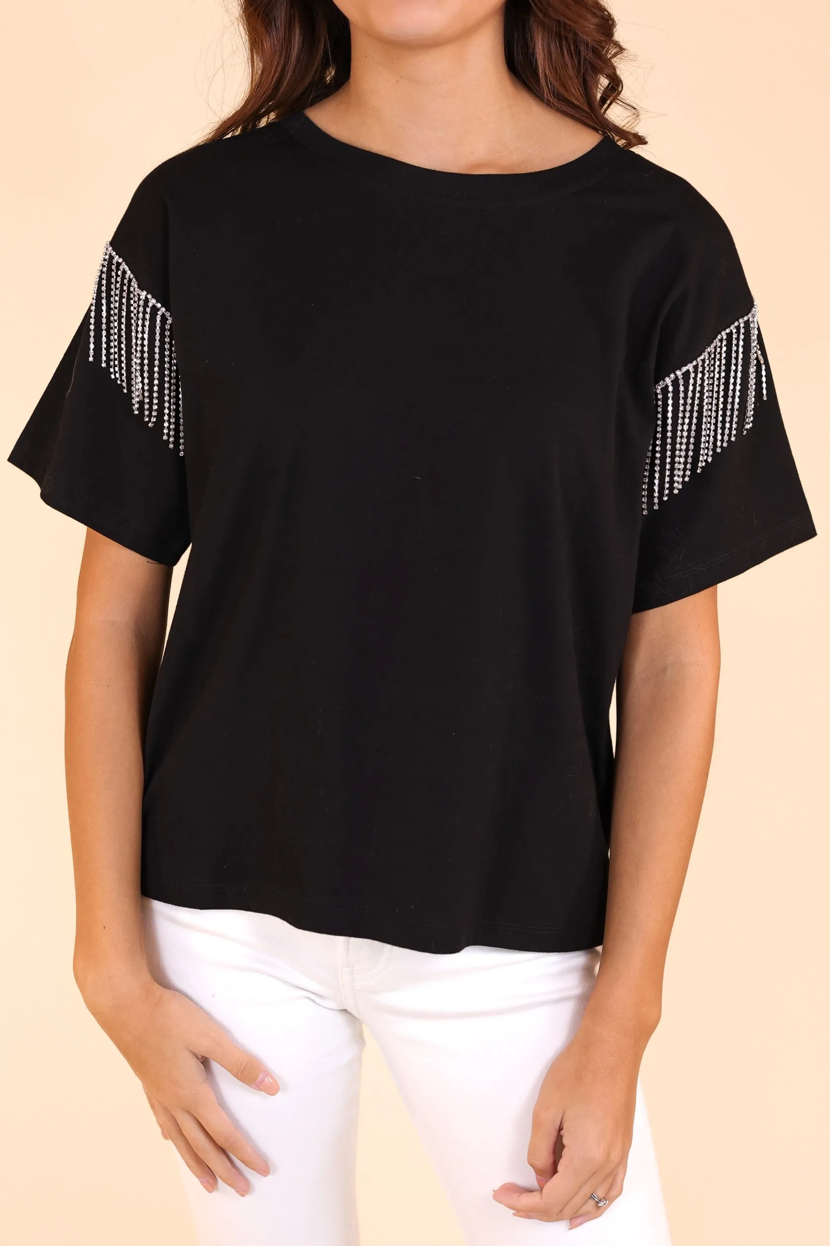 Glitzy Gal Black Tee With Rhinestone Fringe