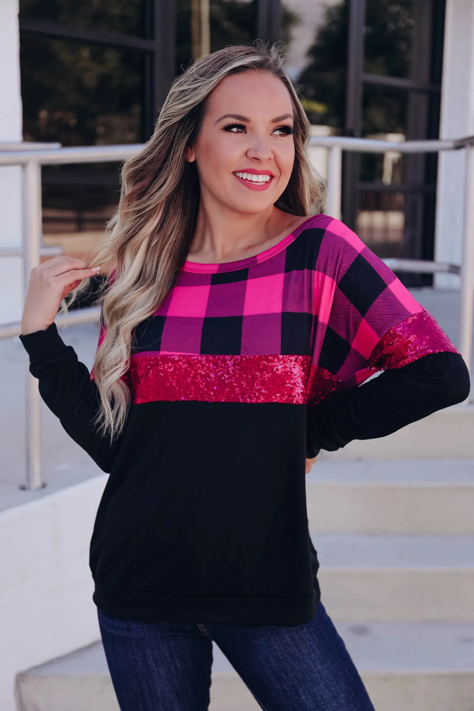 Glitzy Pink Plaid Top