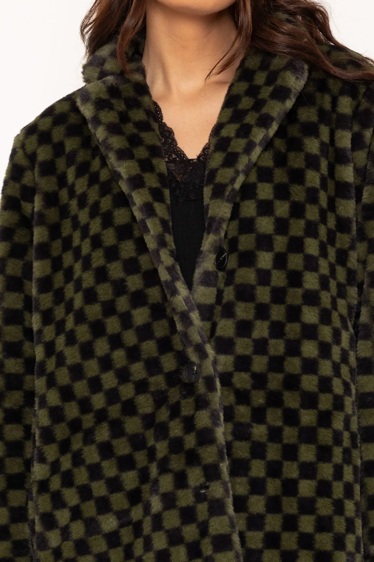 Green Checkered Print Faux Fur Jacket