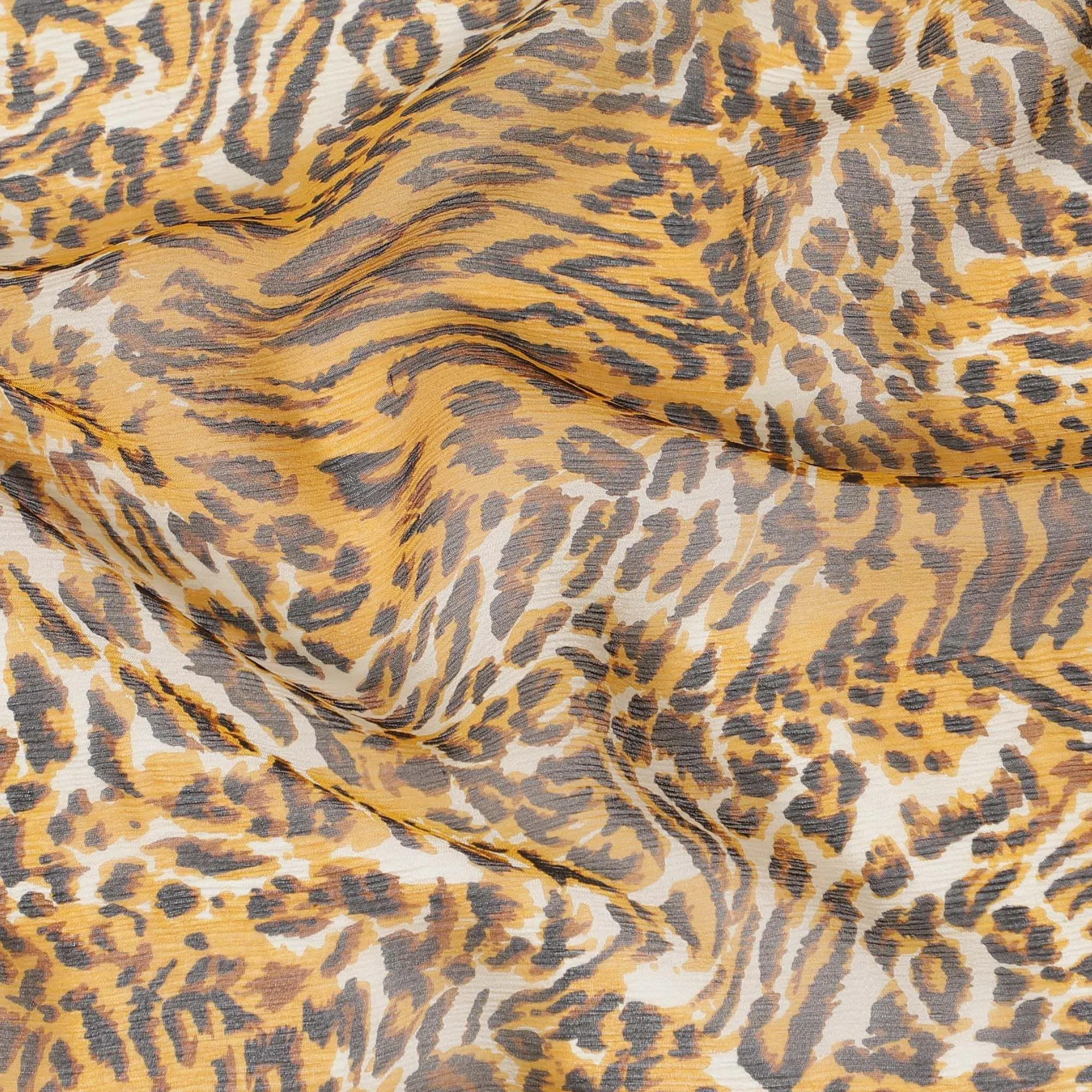 Grey pure silk chiffon fabric with black and mustard yellow print in animal skin design-D9304