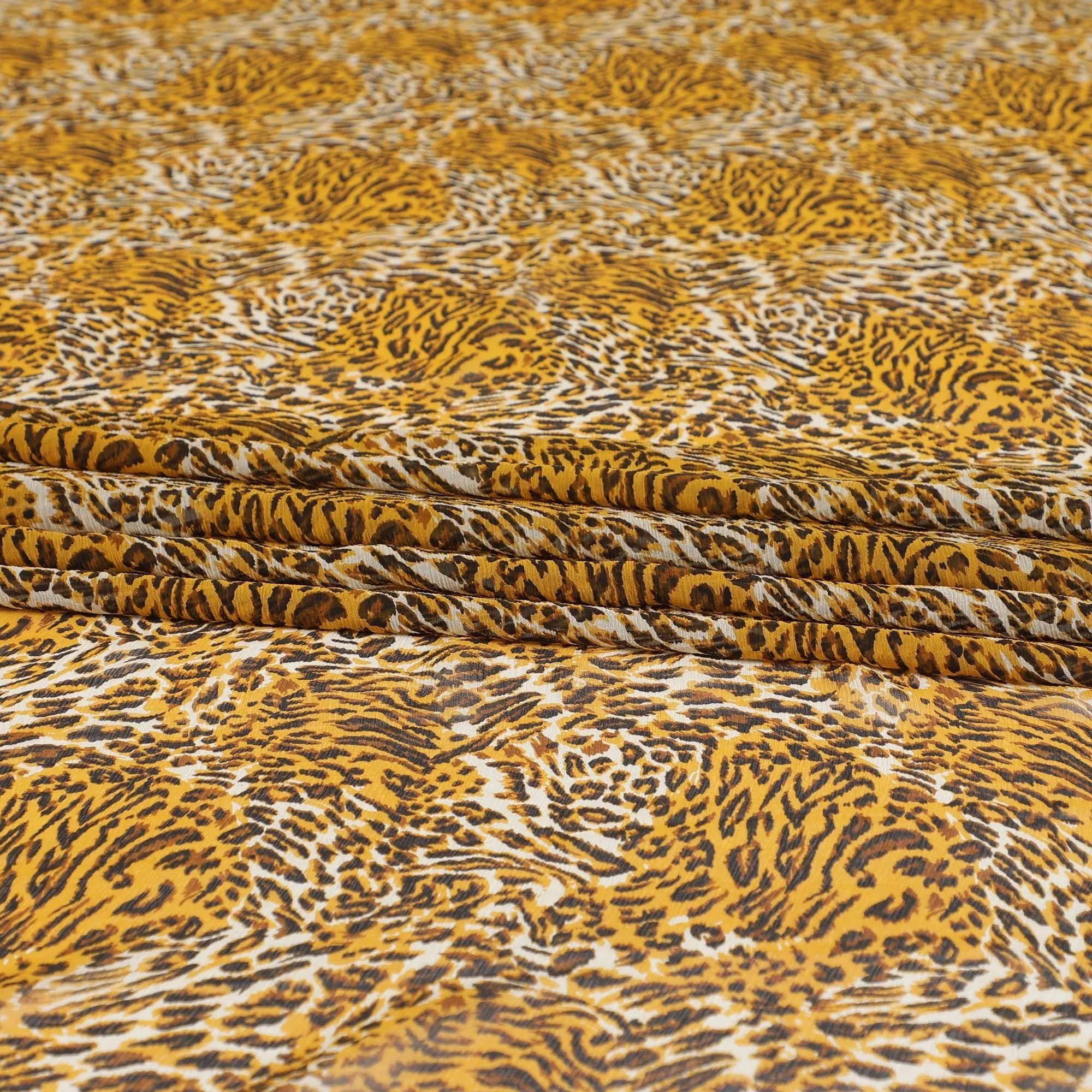 Grey pure silk chiffon fabric with black and mustard yellow print in animal skin design-D9304