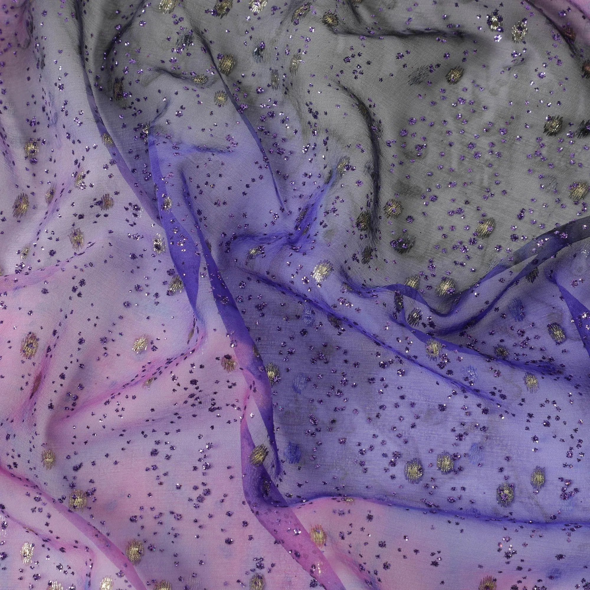 Heart purple, Royal blue silk chiffon fabric with purple glitter and gold metallic lurex in fancy design