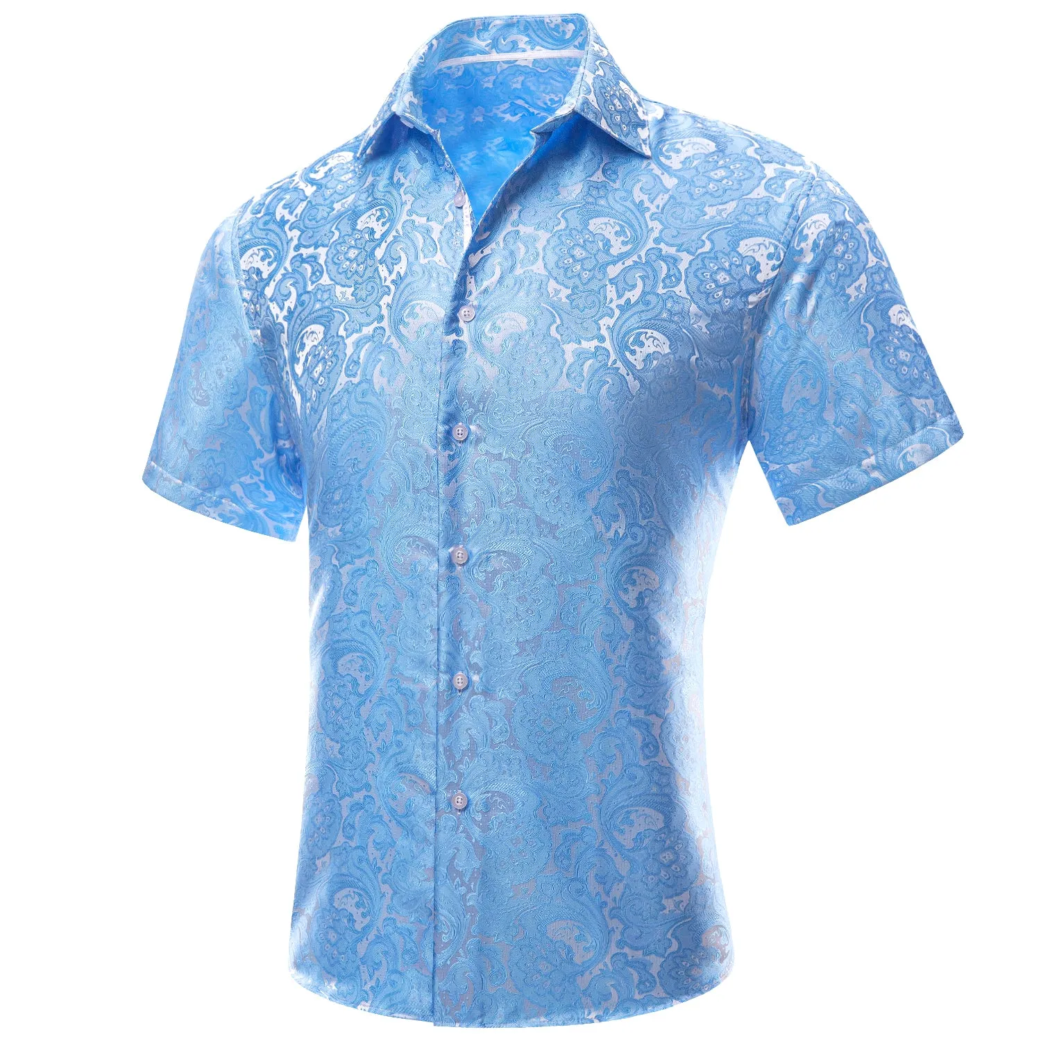 Hi-Tie Sky Blue Paisley Flower Mens Short Sleeve Windsor Collar Shirt