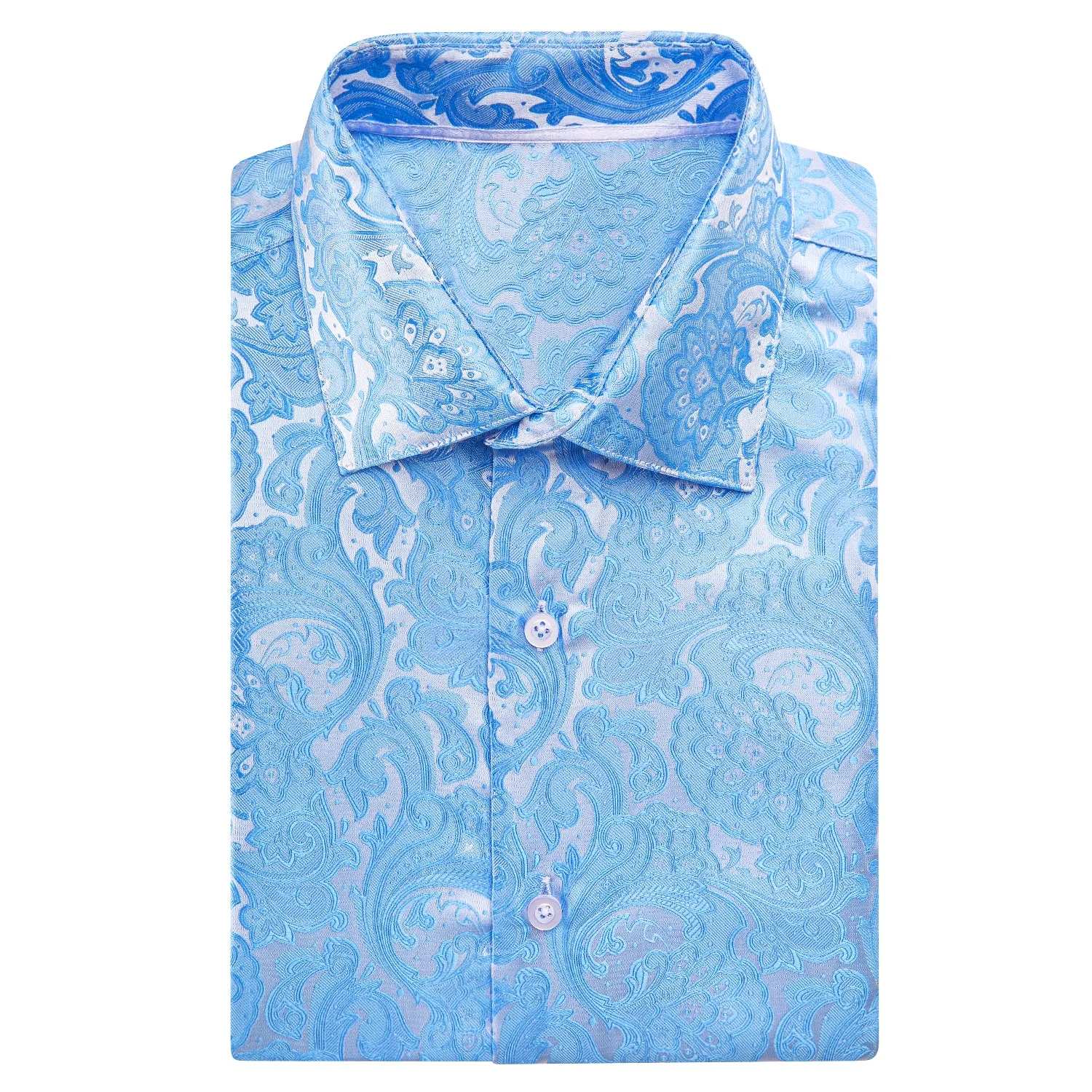 Hi-Tie Sky Blue Paisley Flower Mens Short Sleeve Windsor Collar Shirt