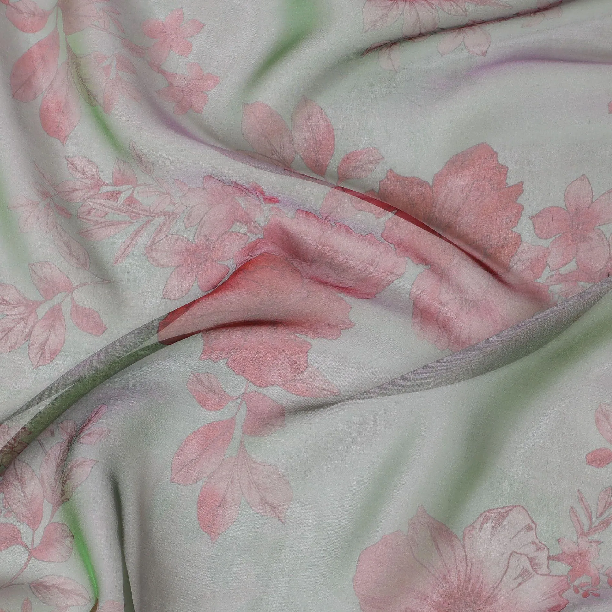 Hunter green premium pure silk chiffon fabric with cerise pink print in floral design-D10633