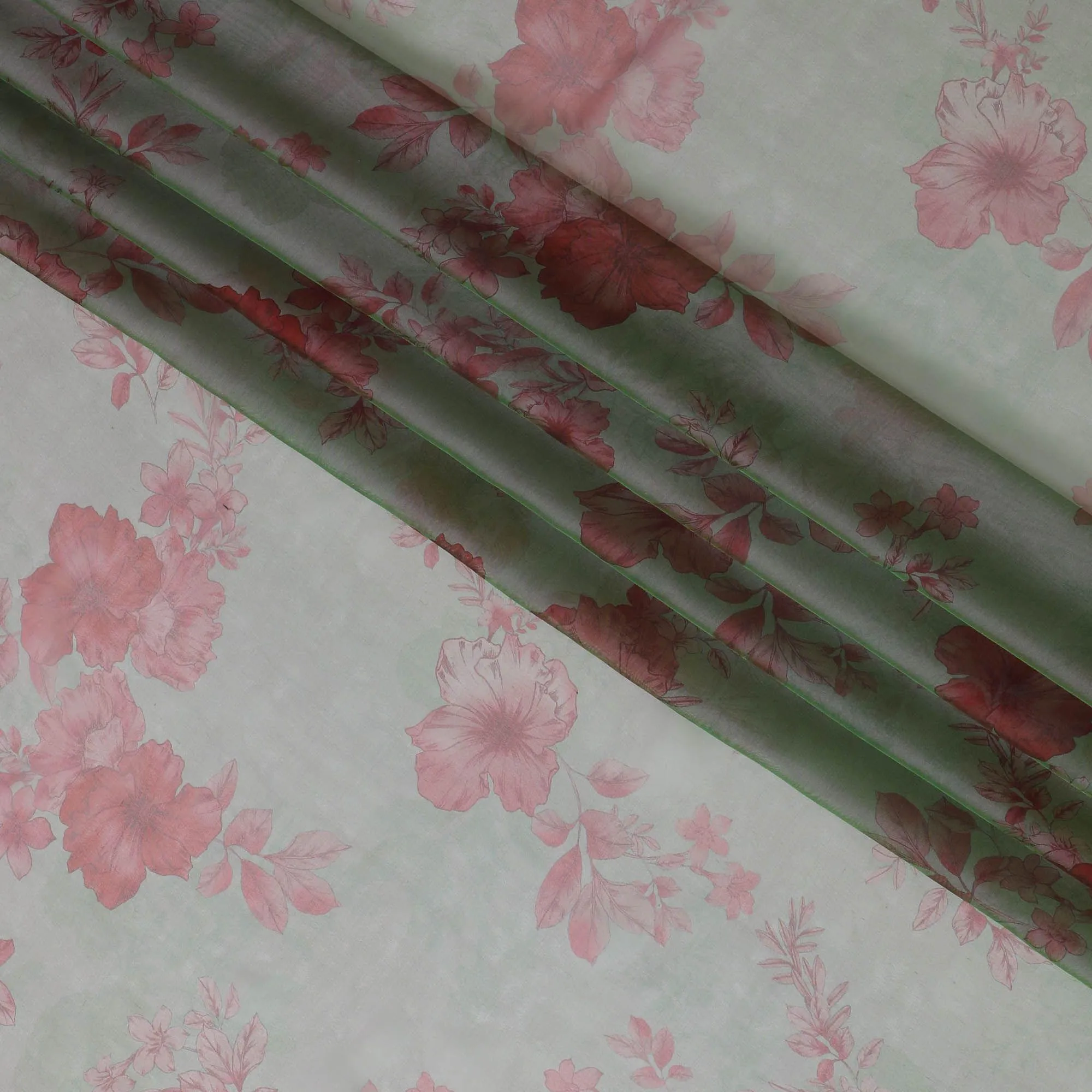 Hunter green premium pure silk chiffon fabric with cerise pink print in floral design-D10633