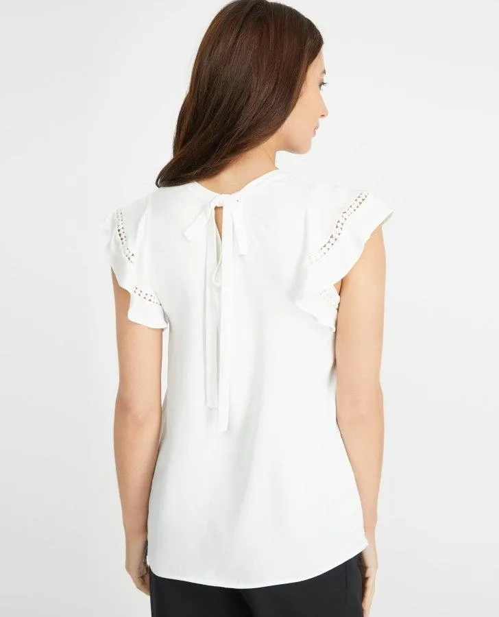 Ivory Frill Sleeve Satin Blouse with Back Tie