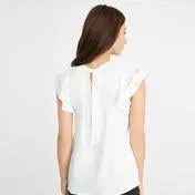 Ivory Frill Sleeve Satin Blouse with Back Tie