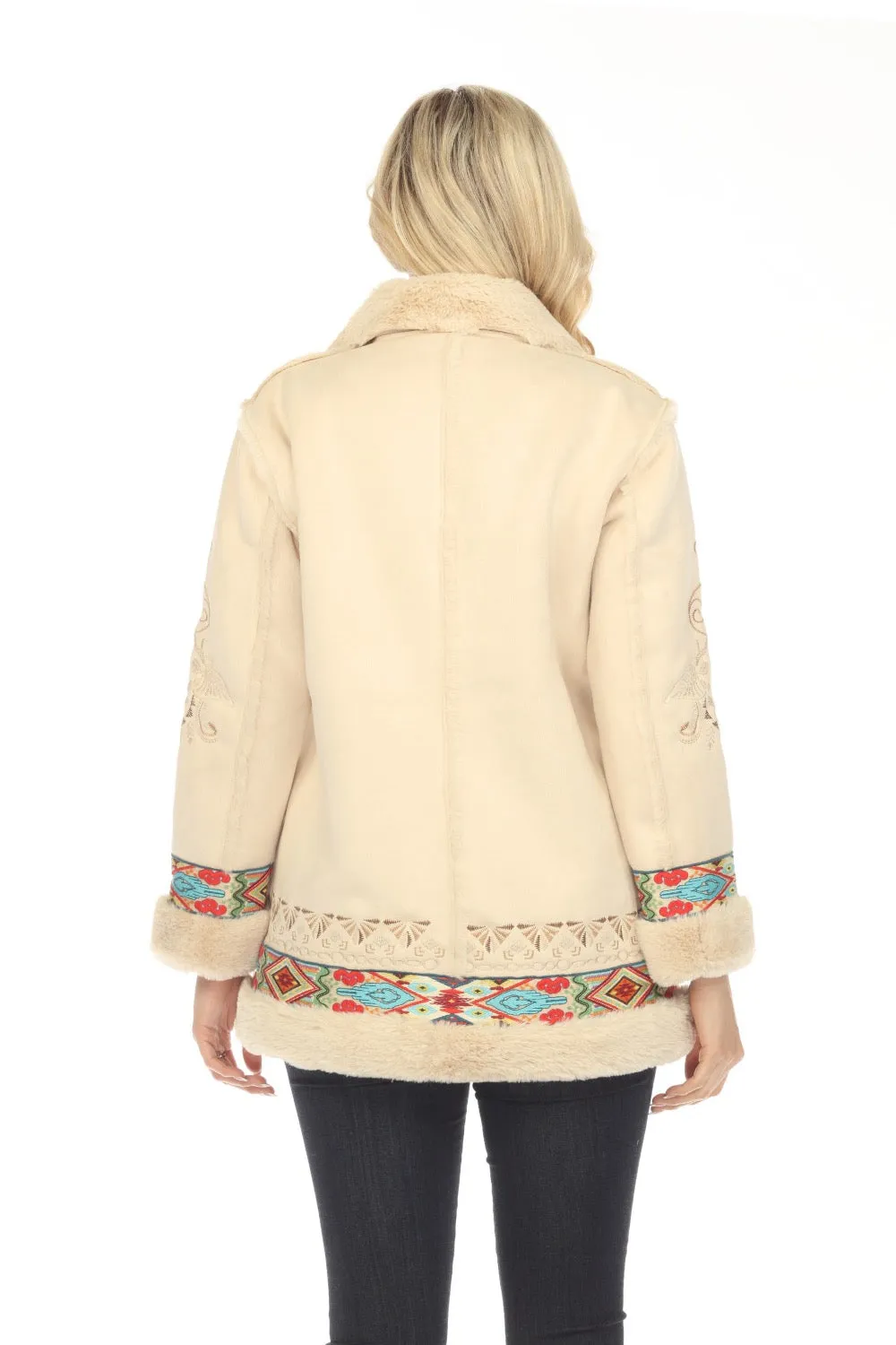 Johnny Was Cream Hepburn Ski Embroidered Faux Fur Coat Boho Chic R48523