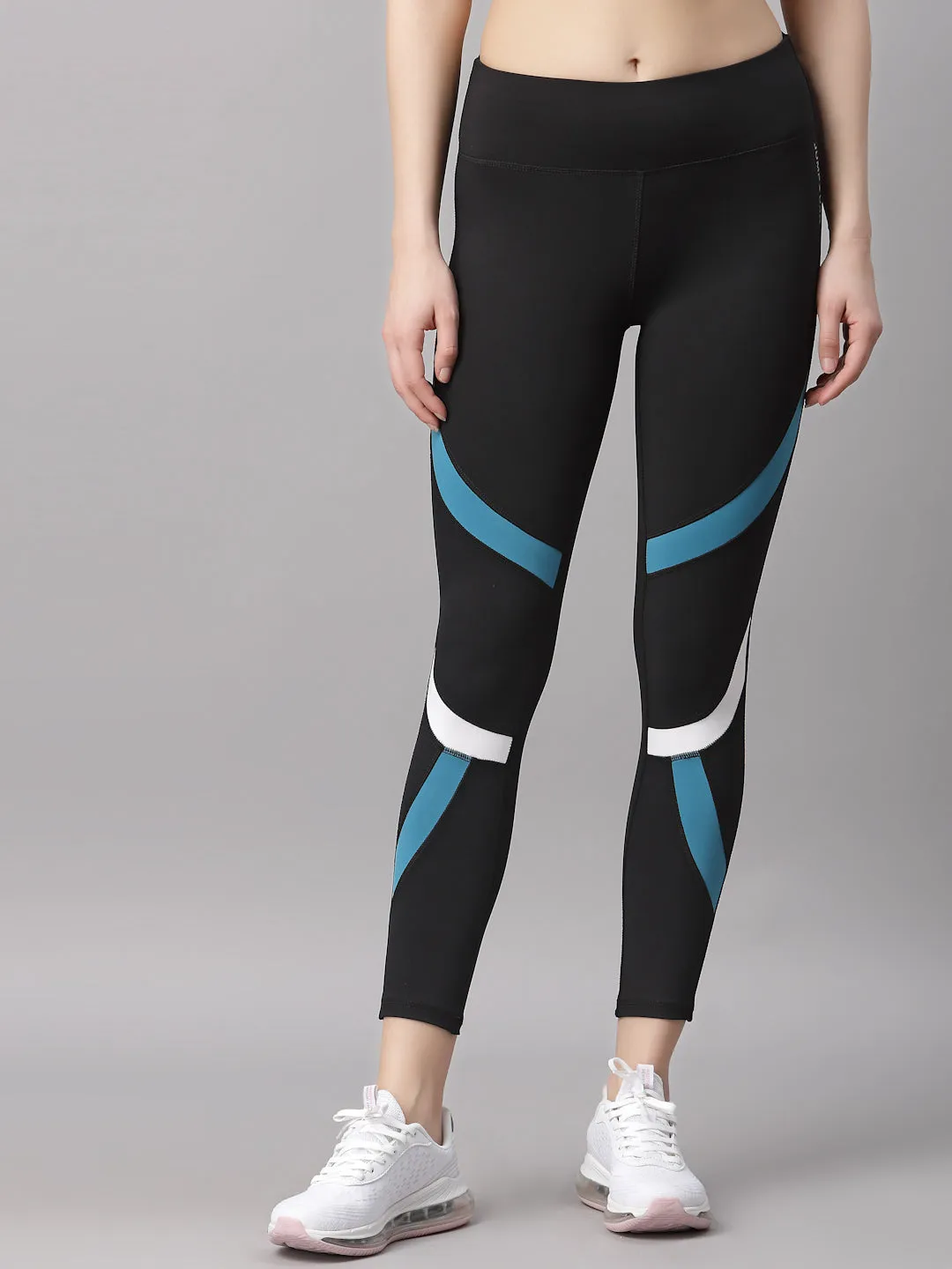 JUMP USA Running Women Black Teal Color Blocked Rapid-Dry Tights