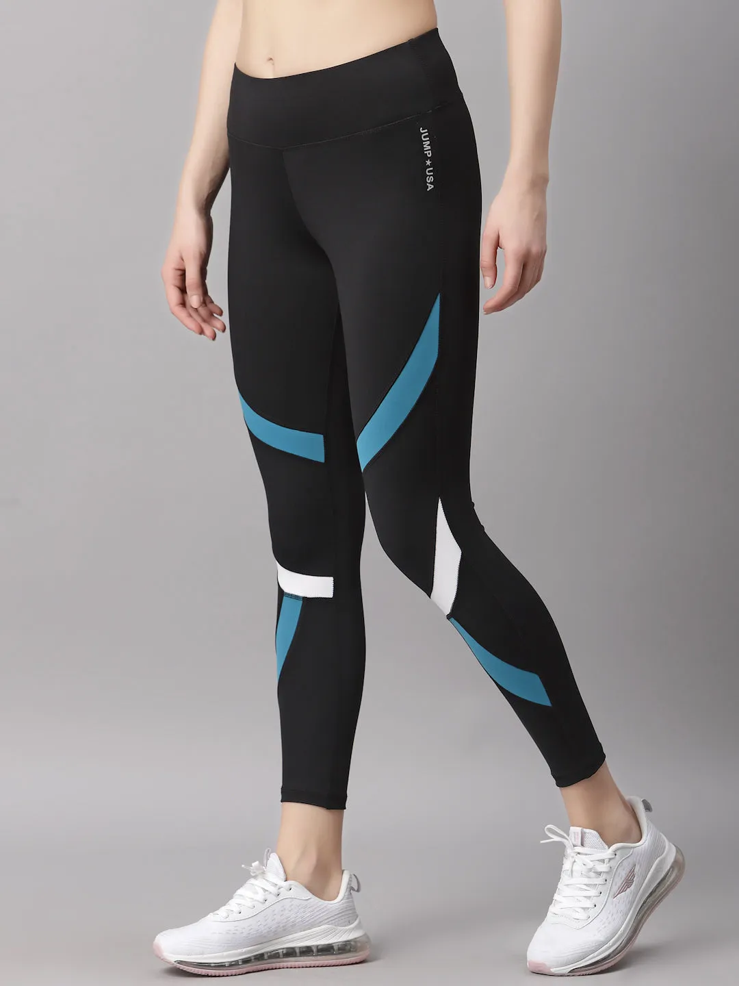 JUMP USA Running Women Black Teal Color Blocked Rapid-Dry Tights