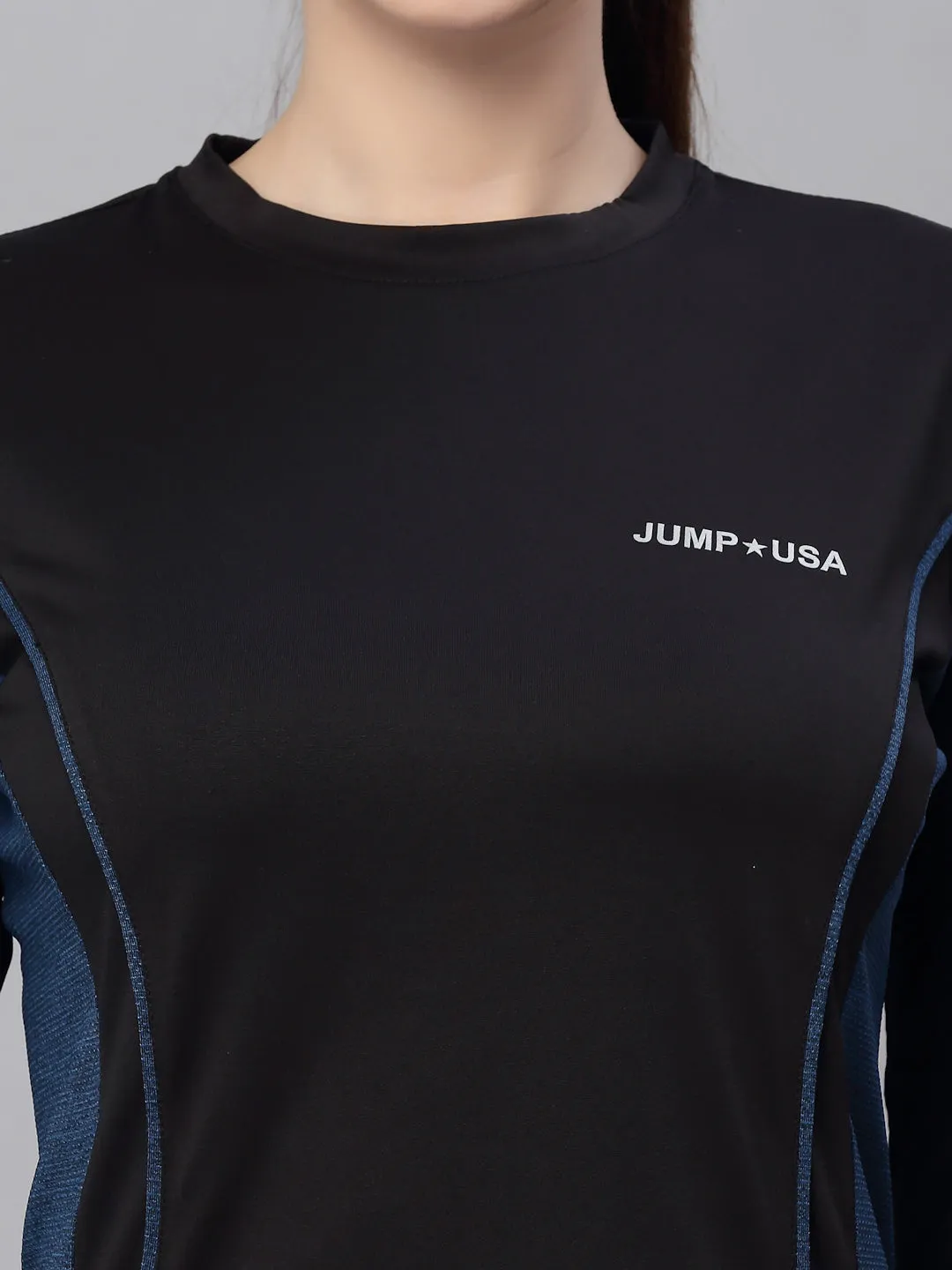 JUMP USA Women Black & Teal Solid Rapid-Dry Training T-shirt