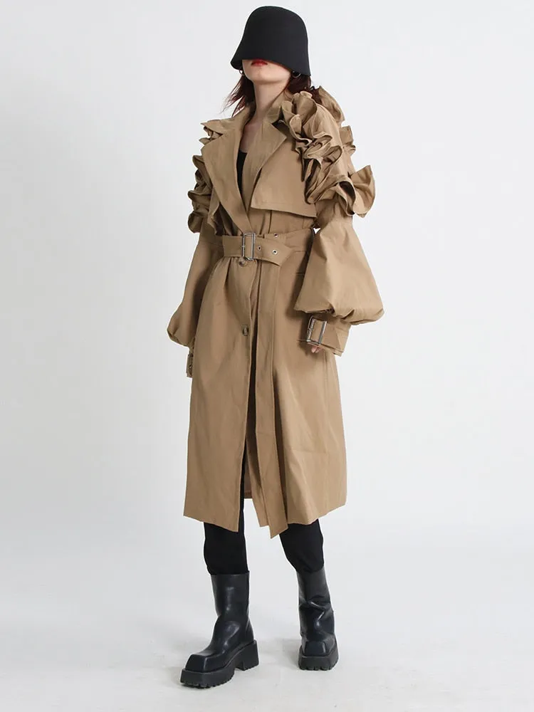 Korean Fashion Trench Coar For Women Lapel Long Sleeve Sashes Solid Minimalsit Coats Female Autumn Clothes