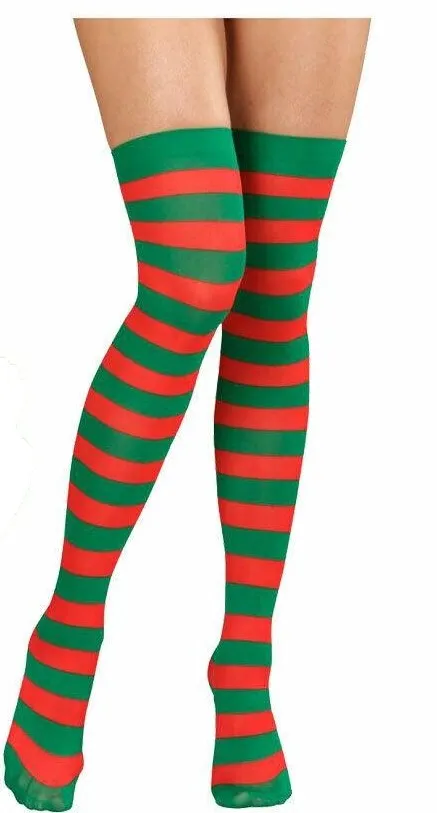 Ladies Elf Santa Helper Tutu Hat Striped OTK Socks Christmas Xmas Fancy Dress