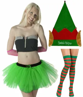 Ladies Elf Santa Helper Tutu Hat Striped OTK Socks Christmas Xmas Fancy Dress