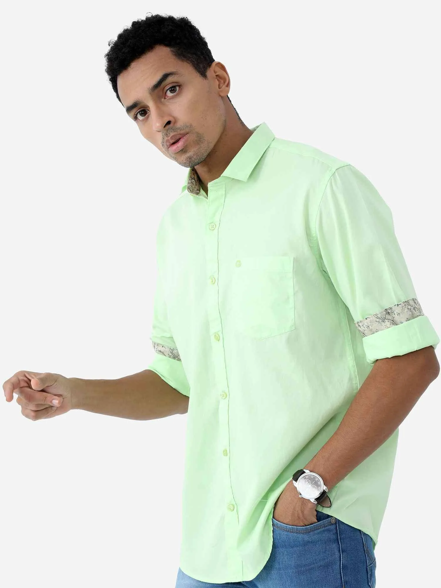 Lemon Green Solid Cotton Full Sleeve Shirt