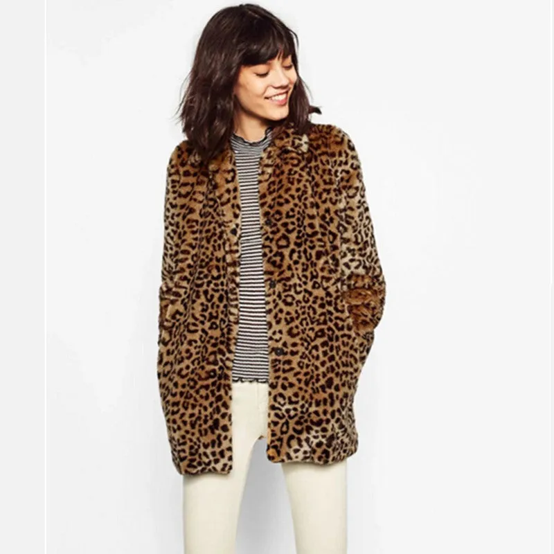 Leopard Pattern Shaggy Furry Faux Fur Coat Woman Keep Warm Lapel Long sleeve Hairy Long Faux Fur Jacket Outwear