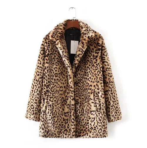 Leopard Pattern Shaggy Furry Faux Fur Coat Woman Keep Warm Lapel Long sleeve Hairy Long Faux Fur Jacket Outwear