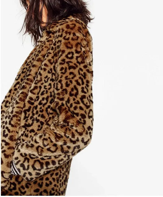 Leopard Pattern Shaggy Furry Faux Fur Coat Woman Keep Warm Lapel Long sleeve Hairy Long Faux Fur Jacket Outwear