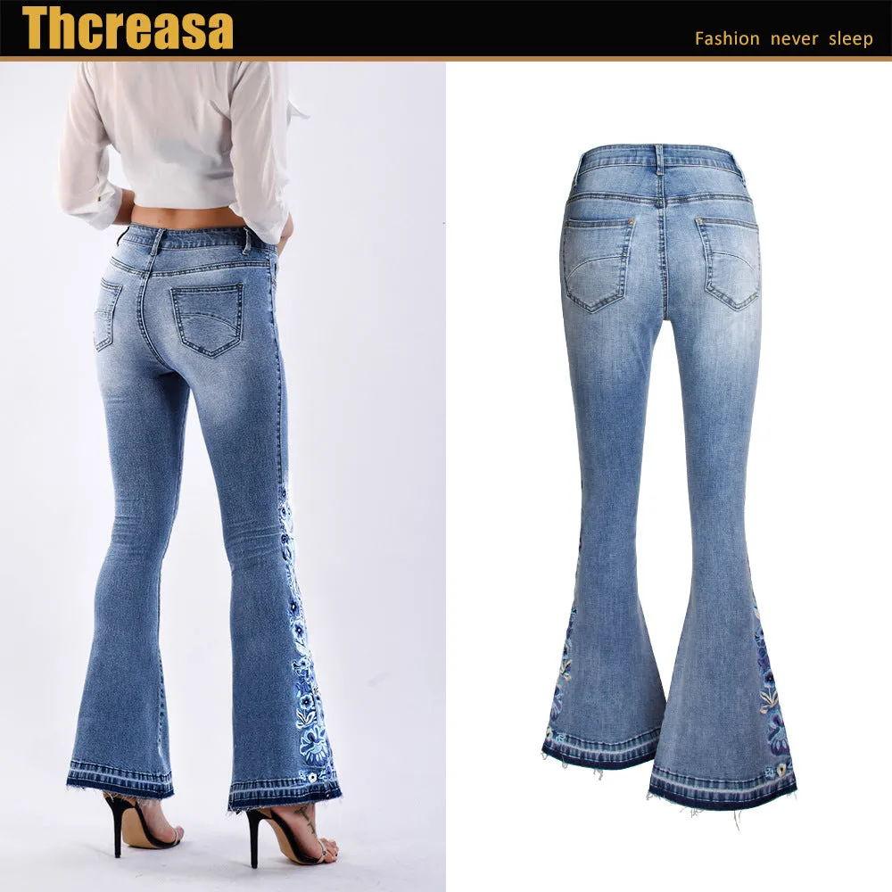 Light Blue Flared Embroidery Detail Women Denim Jeans