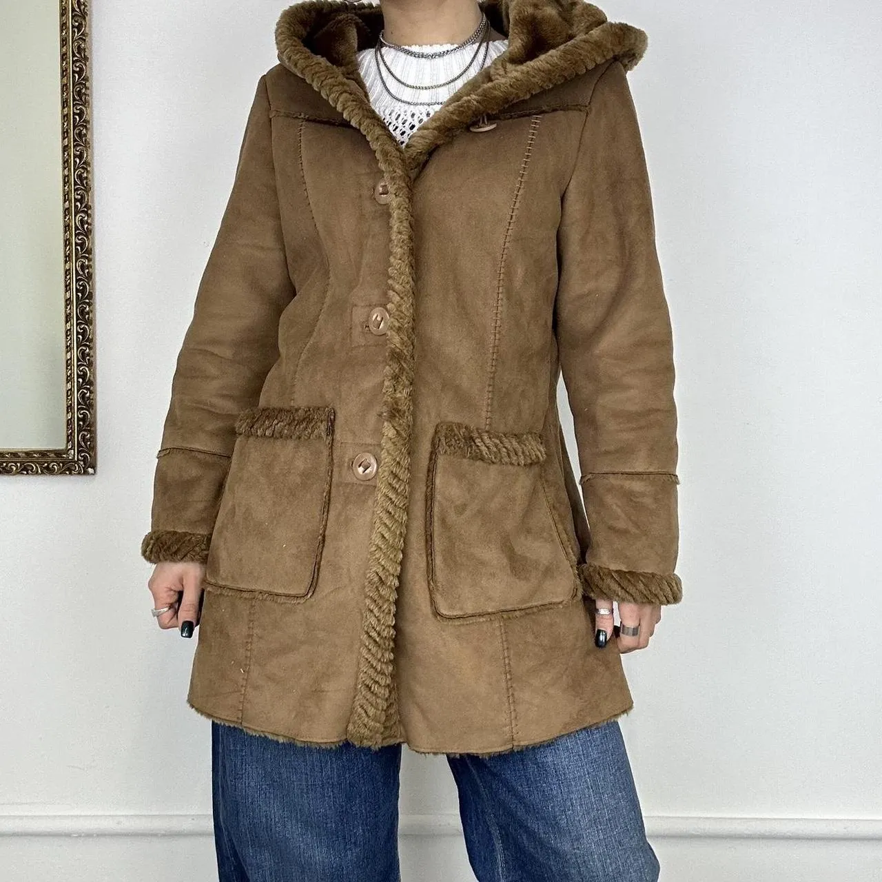 longline faux suede hooded coat