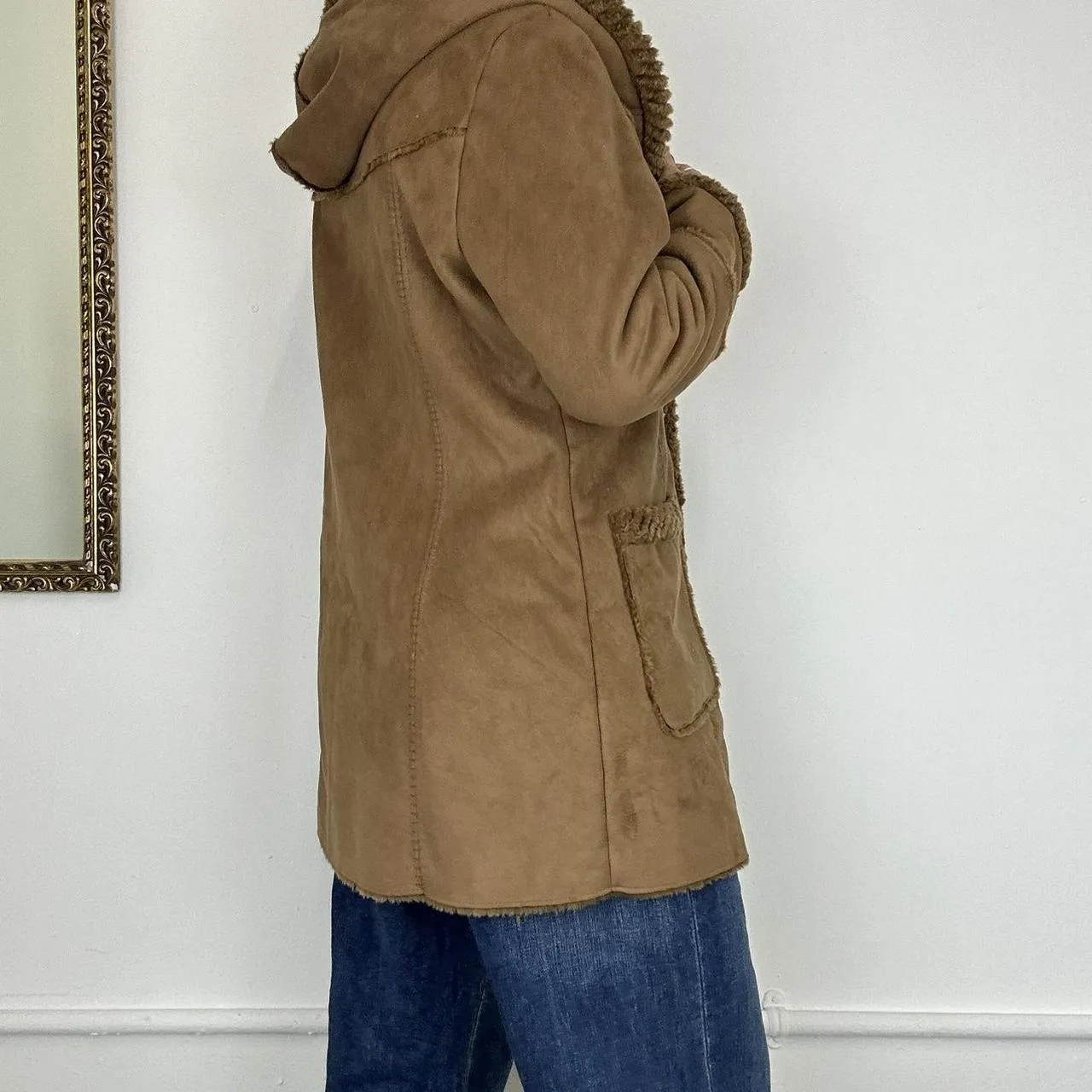 longline faux suede hooded coat