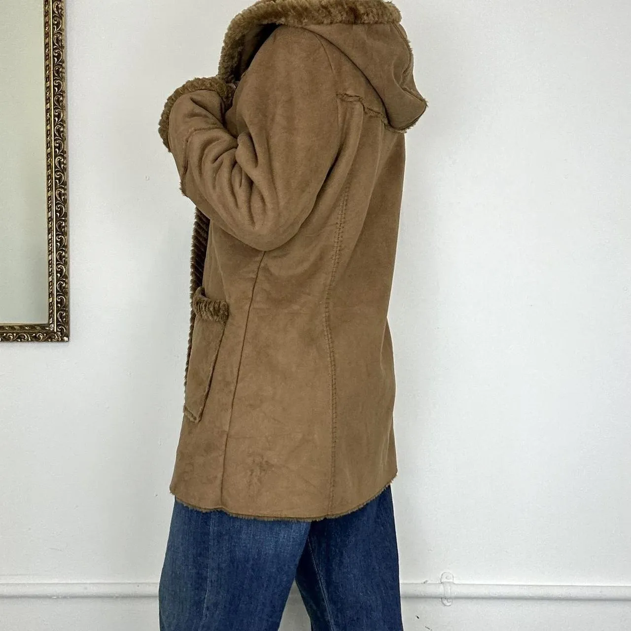 longline faux suede hooded coat