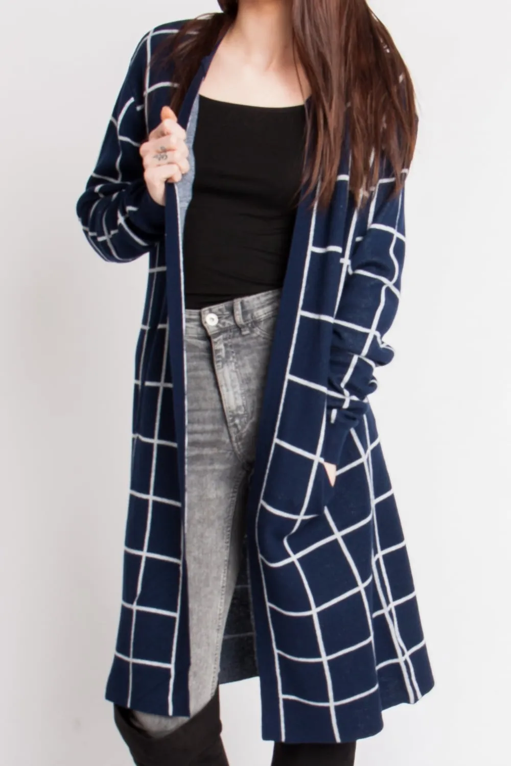 Longline Grid Check Cardigan