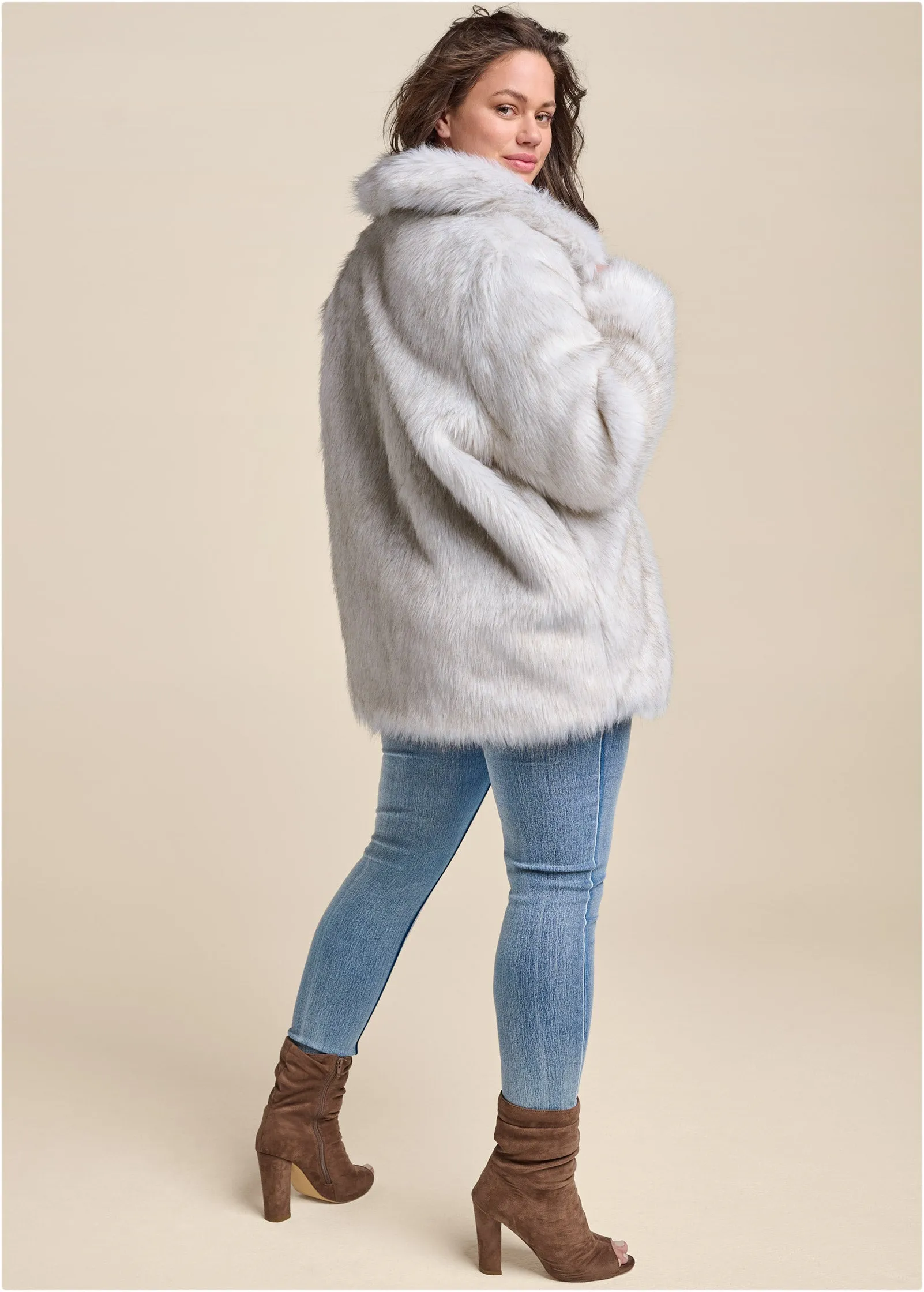 Luxe Mid-Length Faux Fur Coat - Grey