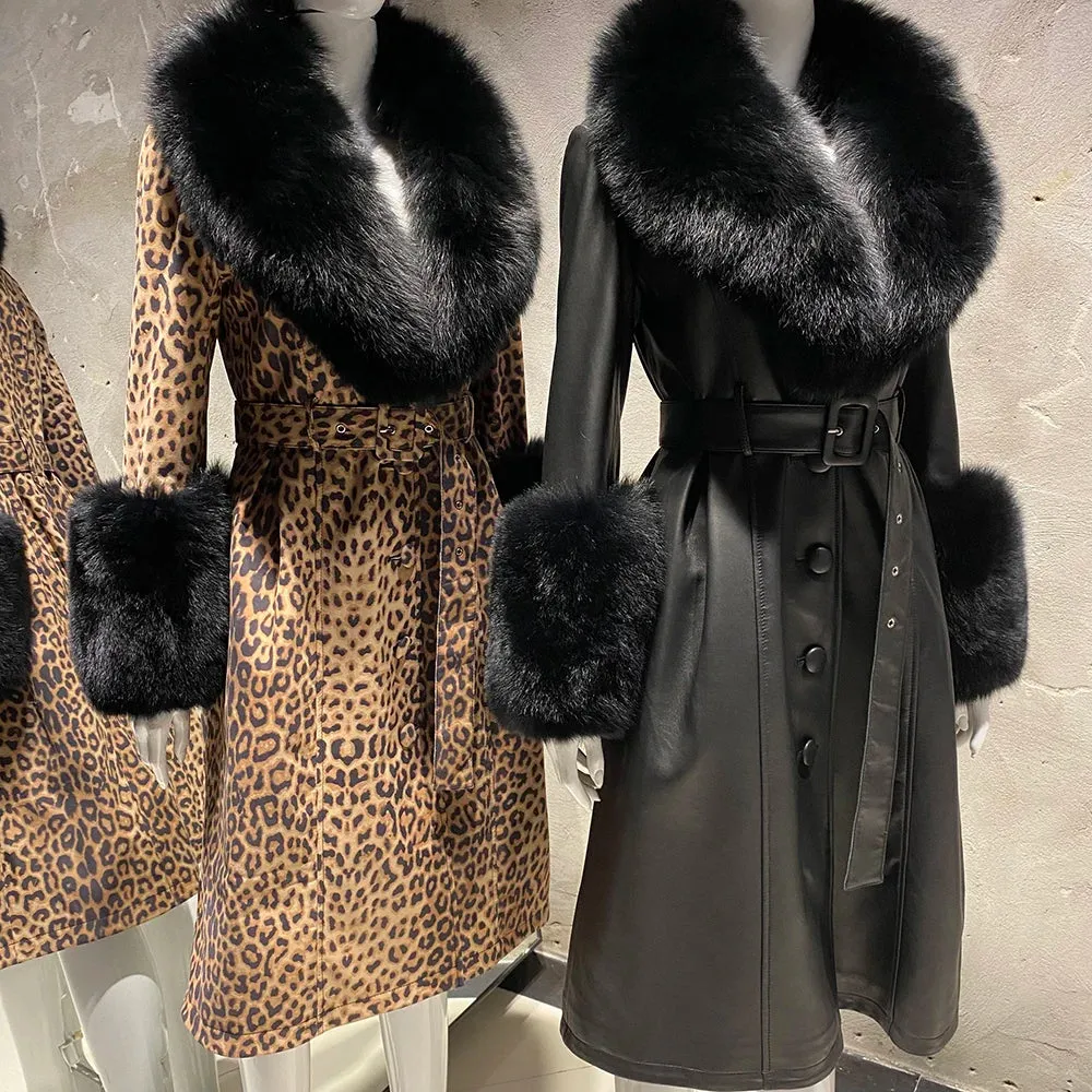 Luxury Detachable Fox Fur & Leather Belted Long Coat