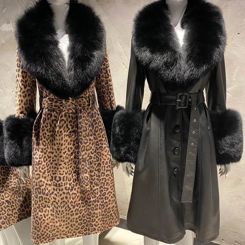 Luxury Detachable Fox Fur & Leather Belted Long Coat