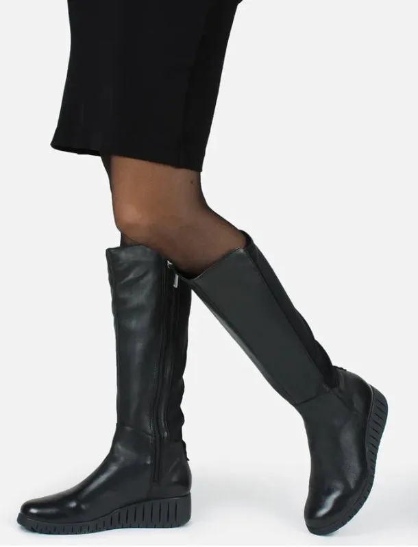 Marco Tozzi 25614-29 Black Leather Comb Long Wedge Boots